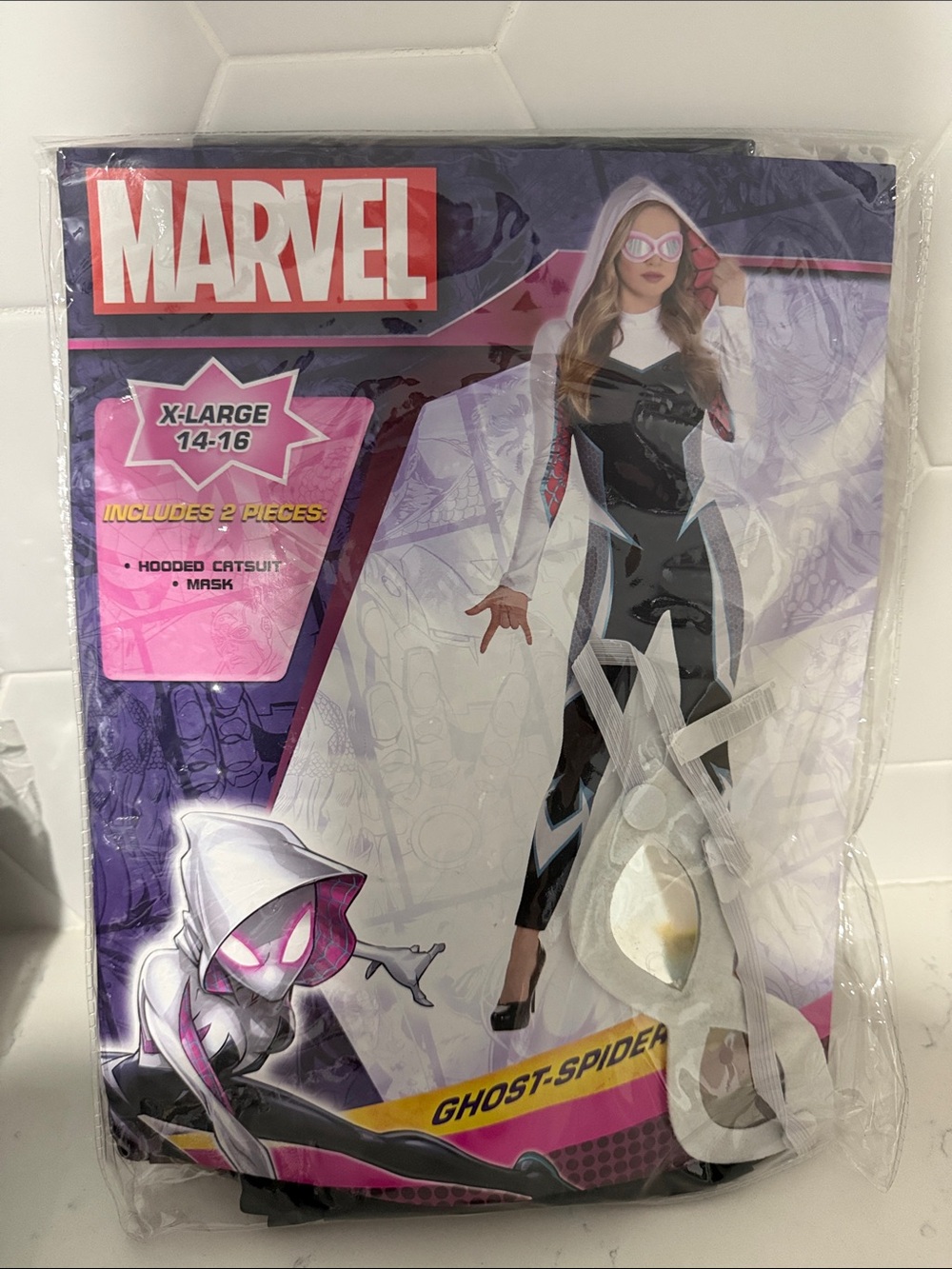 Marvel Girls' Ghost-Spider Hooded Costume - Black & White with Pink Accents
